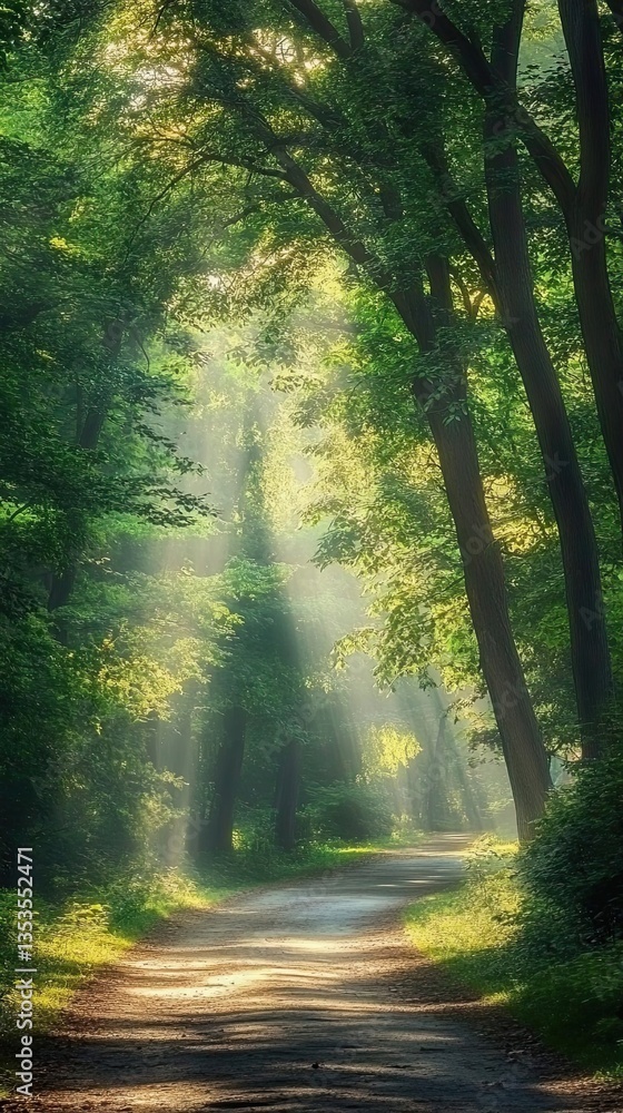 Naklejka premium Sunlight streams through a forest canopy illuminating a winding path