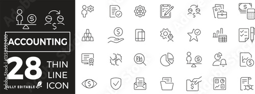 Accounting Icon set of web and mobile in thin line style. Accounting and audit Icons & Symbols Containing finance report and audit, invoice, tax return and more