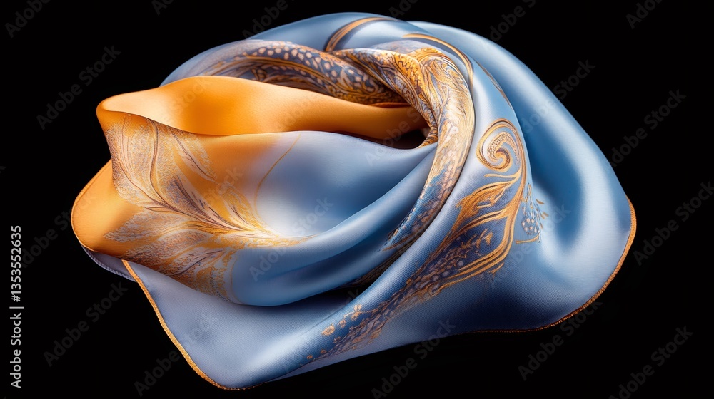 Blue and gold silk scarf flowing on black background