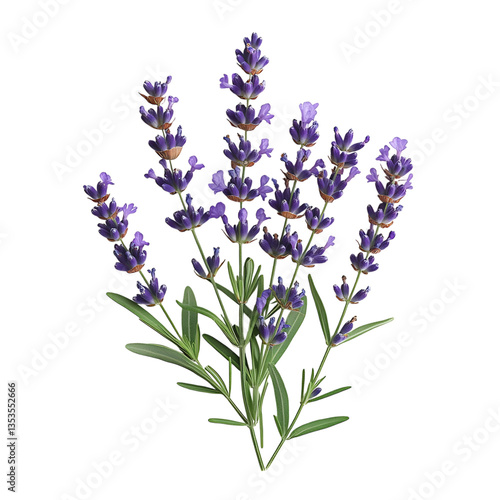 A Sprig of Lavender with Slender Green Stems and Bunch of Lavender Flowers Isolated on Transparent Background