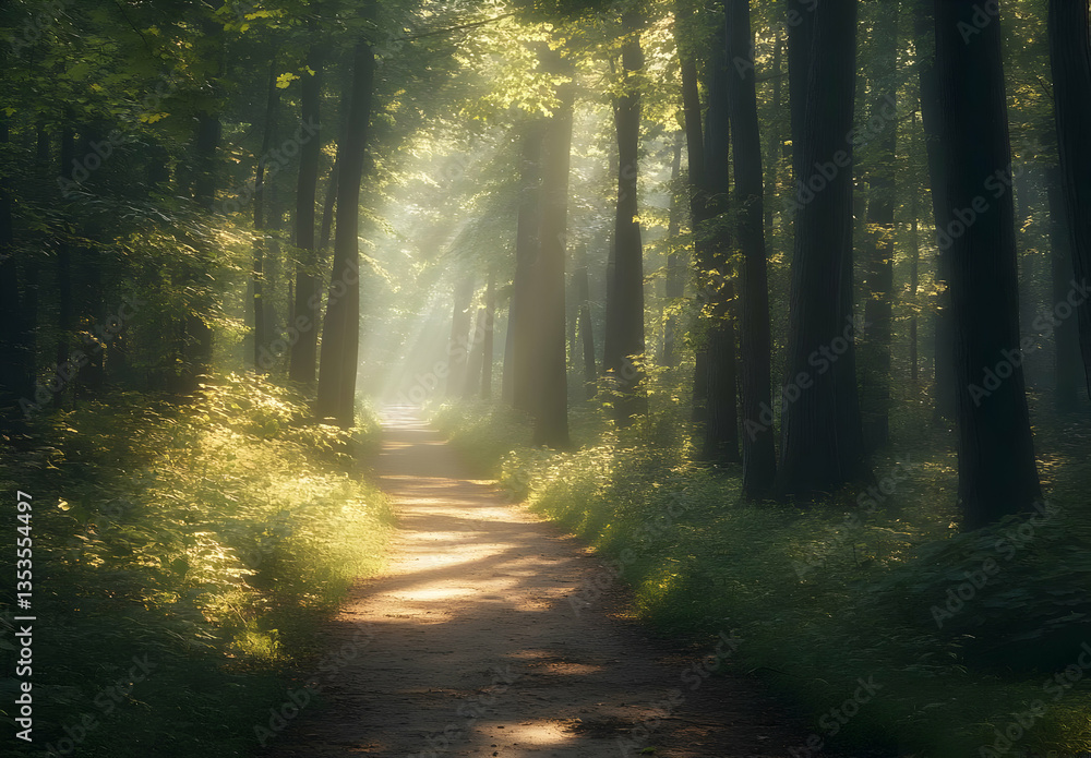Obraz premium Enchanted Forest Pathway Through Tall Trees with Sunlight Filtering