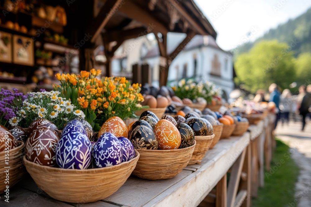 Easter eggs and flowers decorating a market stall in a sunny day