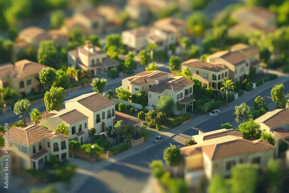 Fototapeta premium Miniature Suburban Neighborhood Showcases Charming Houses and Lush Landscaping, Residential Community, Model Town.