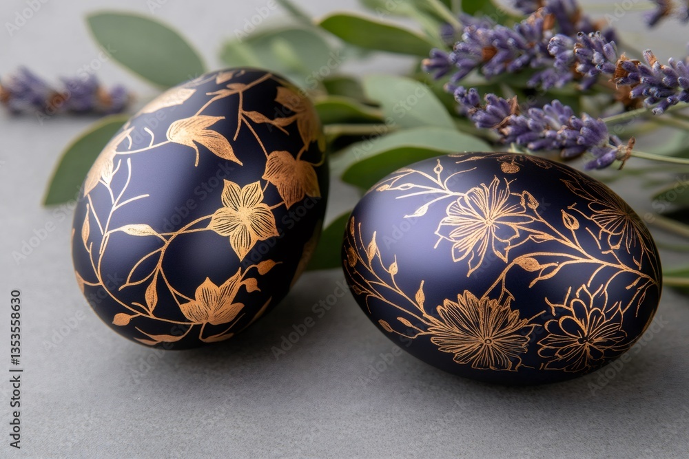 Easter eggs with golden floral pattern decorating a table Easter eggs with golden floral pattern decorating a table