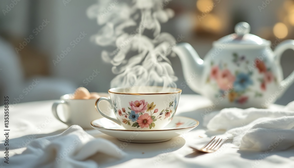 Elegant Floral Teacup with Steaming Tea and Teapot in Soft Light Elegant Floral Teacup with Steaming Tea and Teapot in Soft Light
