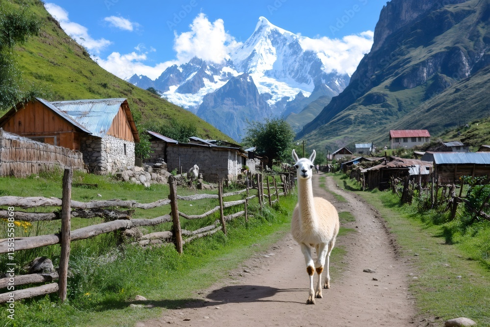 Obraz premium Llama walking on rural road in the Cordillera Blanca, Peru, with Mount Vallunaraju in the background