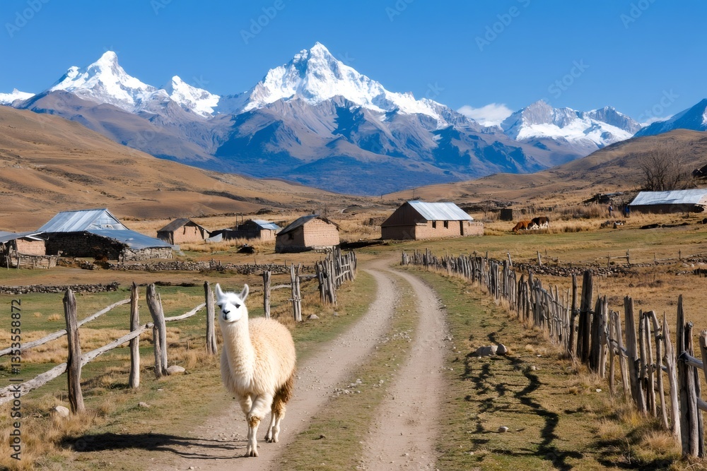 Fototapeta premium Llama walking on a dirt road in the Cordillera Blanca, Peru