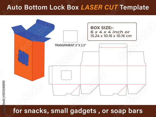 Auto Bottom Lock window Box LASER CUT Template for snacks, small gadgets, or soap bars