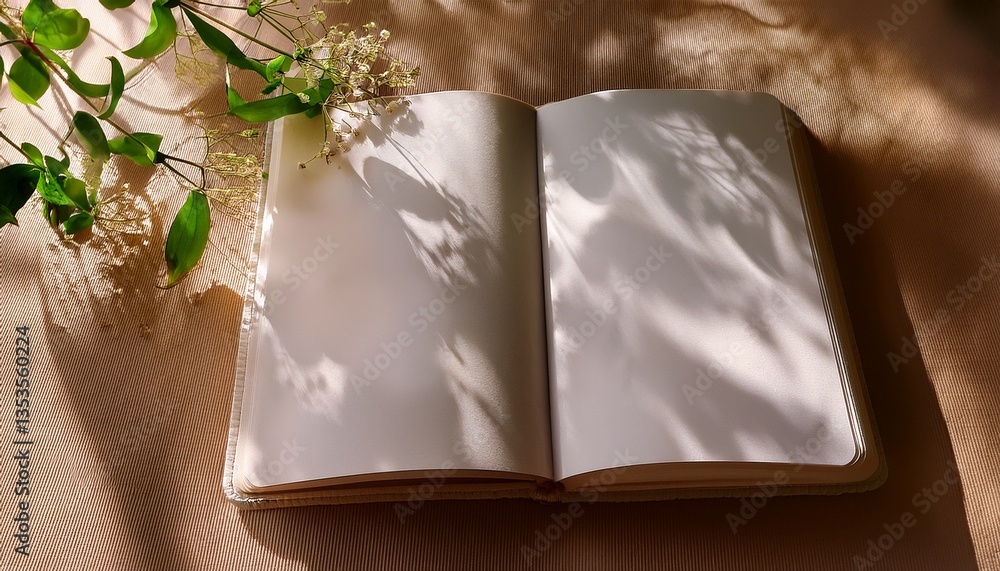 open notebook with empty paper sheet texture blurred tree branch and floral sunlight shadows mockup with copy space open notebook with empty paper sheet texture blurred tree branch and floral sunlight shadows mockup with copy space