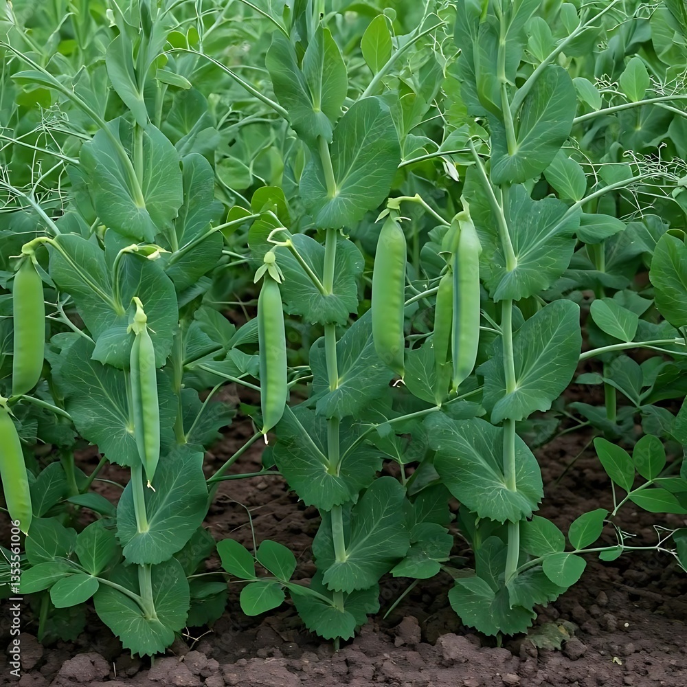 Obraz premium A large patch of peas growing in rows with some pods peeking through the vines.