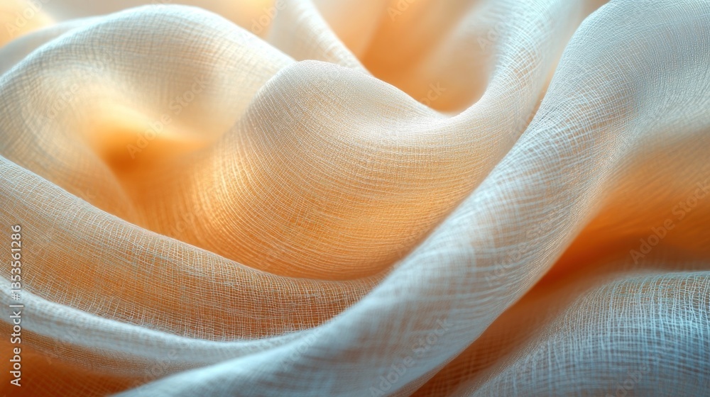 Soft, peachy, flowing fabric drapes indoors, sunlight highlights Soft, peachy, flowing fabric drapes indoors, sunlight highlights