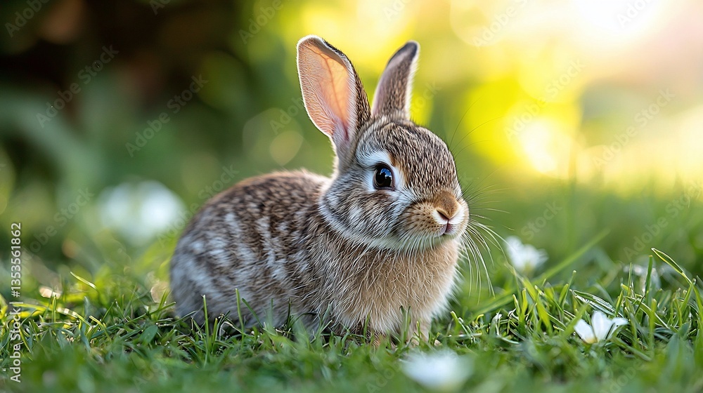 Fototapeta premium Adorable baby bunny rabbit sitting in green grass, sunlight.