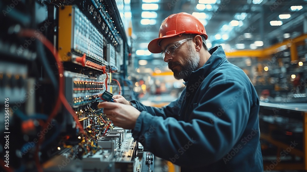 Electrician working on industrial control panel. Electrician working on industrial control panel.