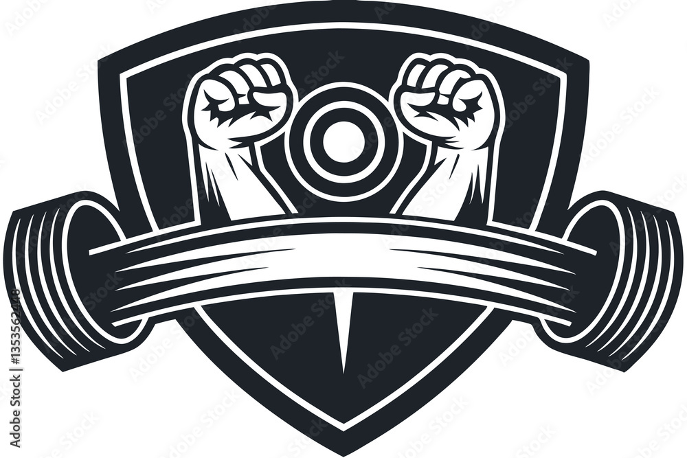 Obraz premium illustration of a rough strong clenched hand fist holding lifting a barbell or dumbbell. weight lifting gym fitness sport club vintage retro emblem badge label logo design