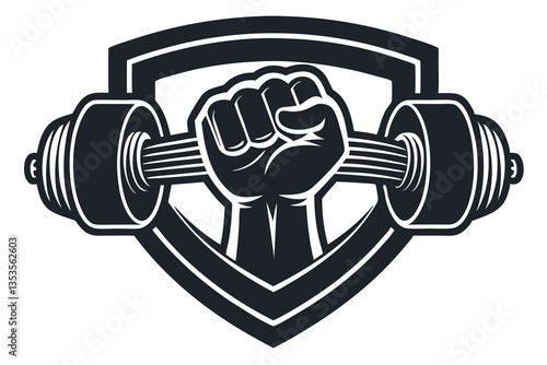 illustration of a rough strong clenched hand fist holding lifting a barbell or dumbbell. weight lifting gym fitness sport club vintage retro emblem badge label logo design
