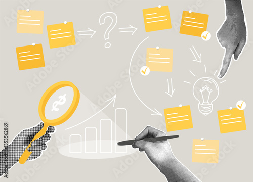 Trendy halftone collage. Strategic planning and business development process. Planning concept, business development strategy, business workshop.