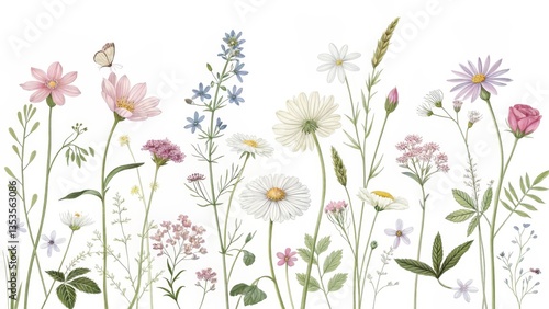 Watercolor Wildflower Meadow Composition Botanical Illustration, Floral Design, Pastel Palette Wildflowers, Botanical art