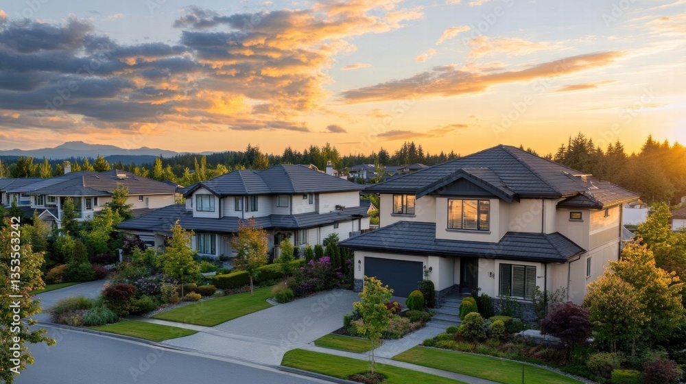 Suburban Houses Stand Majestically at Sunset with Golden Hour Neighborhood Dream Home Bliss Suburban Houses Stand Majestically at Sunset with Golden Hour Neighborhood Dream Home Bliss