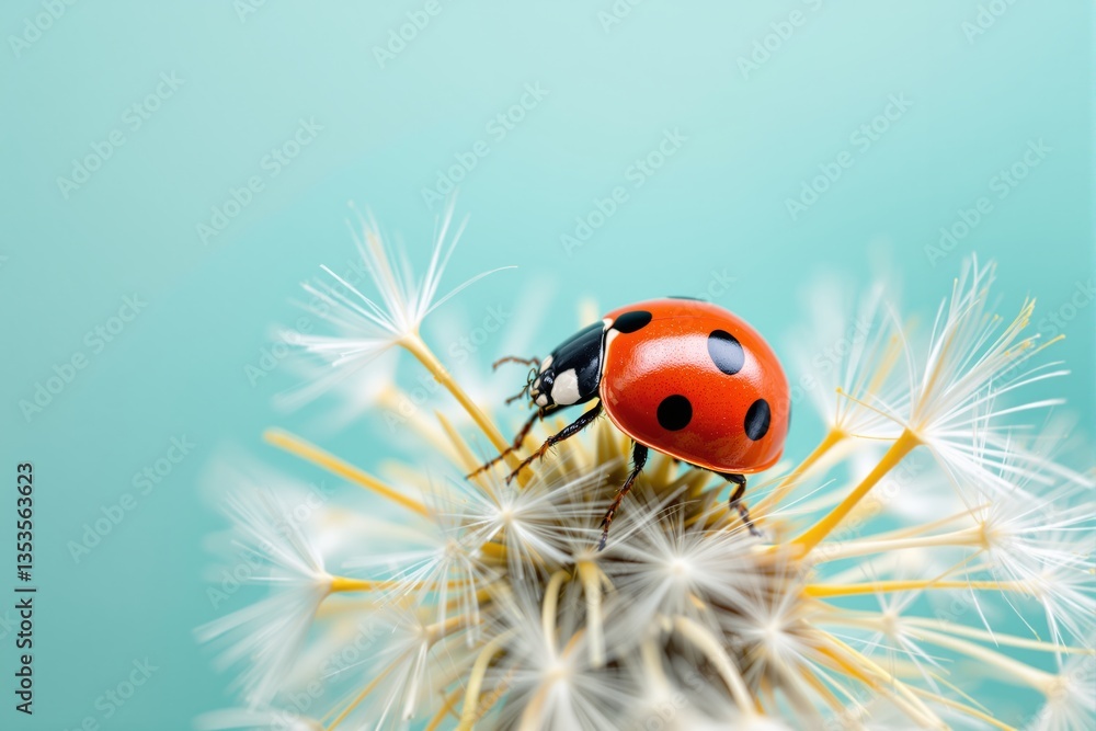 Obraz premium Ladybug on dandelion against soft turquoise background.