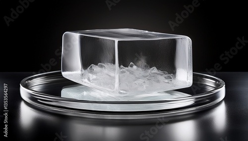 transparent ice salver ice block on a black background product pedestal