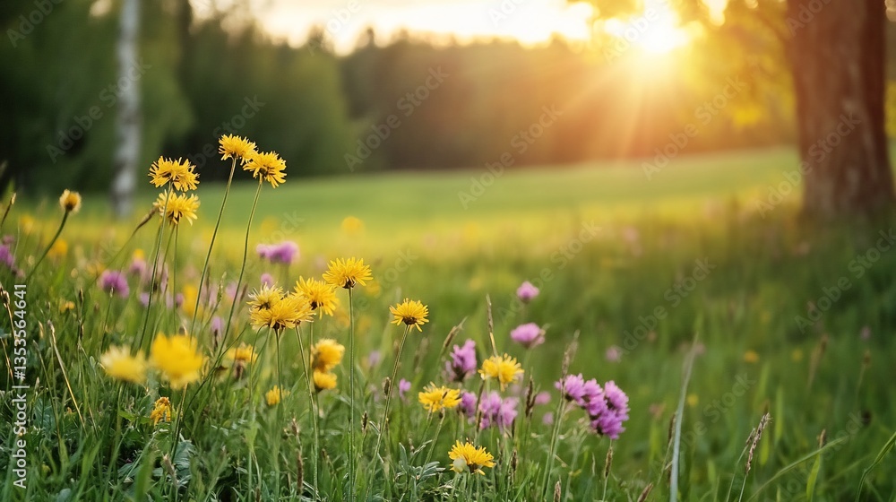 Fototapeta premium Sunset Meadow Wildflowers Summer Nature Landscape