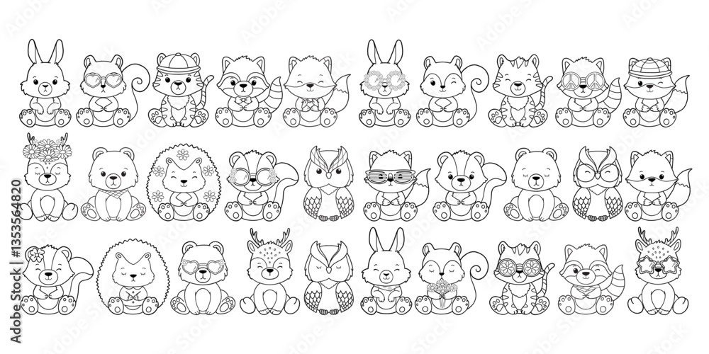 Set of Groovy Woodland Animal Collection Vector, Hand Drawn Bear Rabbit Skunk Racoon Squirrel Bear Deer Hedgehog Owl and Tiger Outline. Set of Groovy Woodland Animal Collection Vector, Hand Drawn Bear Rabbit Skunk Racoon Squirrel Bear Deer Hedgehog Owl and Tiger Outline.