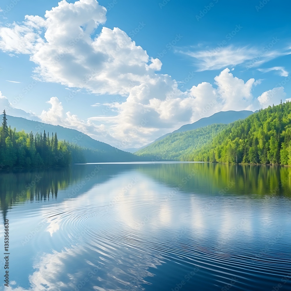 Mountain Lake Serenity: Calm Waters Reflecting Sky. Mountain Lake Serenity: Calm Waters Reflecting Sky.