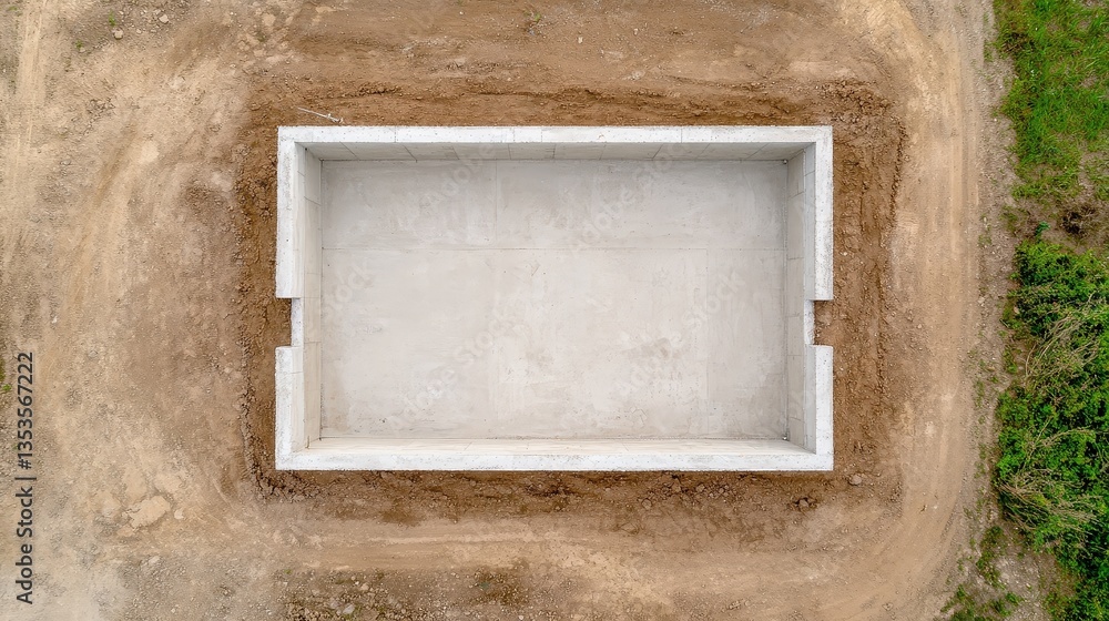 Aerial view of a concrete foundation surrounded by earth, indicating the beginning stages of construction on a plot of land. Aerial view of a concrete foundation surrounded by earth, indicating the beginning stages of construction on a plot of land.