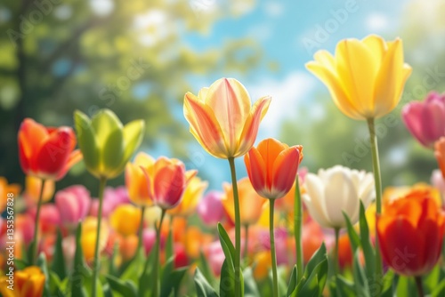 Beautiful colorful tulips blooming in a sunlit garden.
