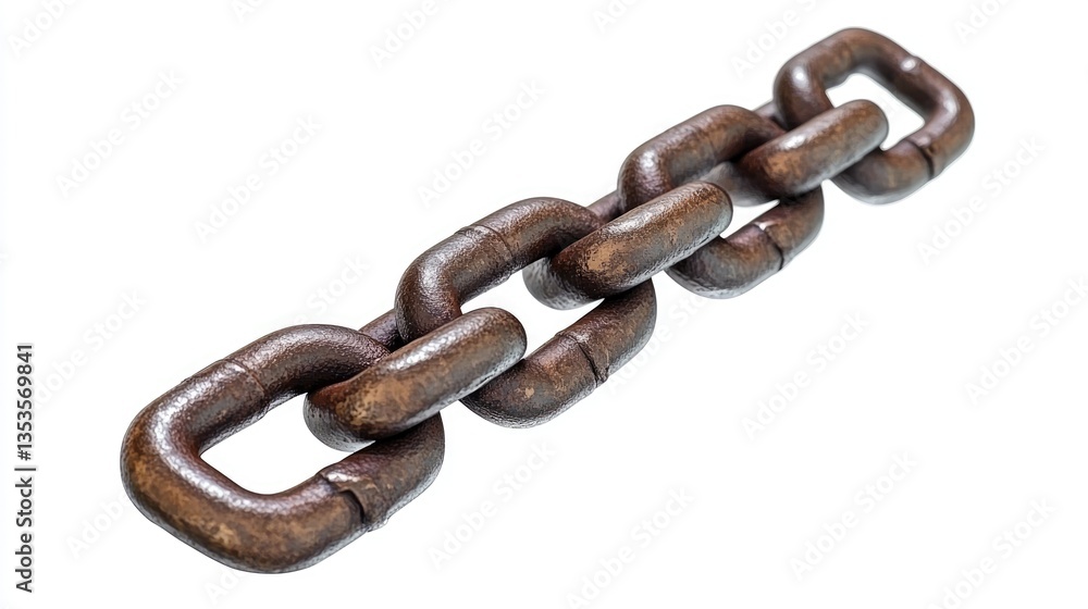 Close-up view of a rusty metal chain lying on a white background, showcasing its texture and links for industrial use Close-up view of a rusty metal chain lying on a white background, showcasing its texture and links for industrial use