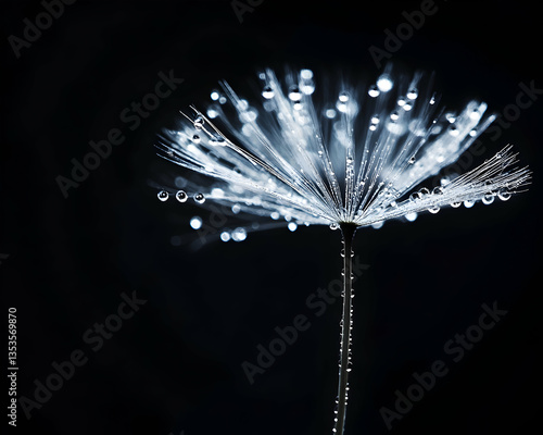 Dandelion seed head with many water droplets on the branches against dark background.
