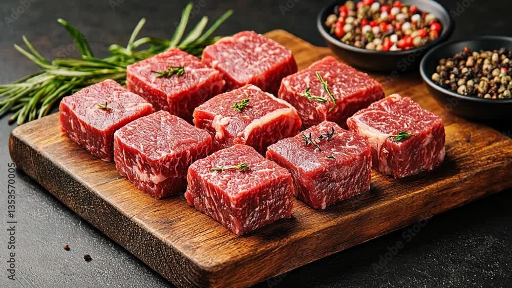 Raw beef cubes on wooden board with herbs and spices. Ready for cooking Raw beef cubes on wooden board with herbs and spices. Ready for cooking