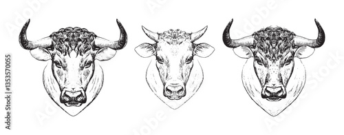 Cow and bull head hand drawn set, vintage engraving cattle for farm products, milk, agriculture. Vector logo symbol isolated on white background.