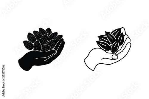Almonds in Hands Silhouette and Outline Icons, Healthy Snack