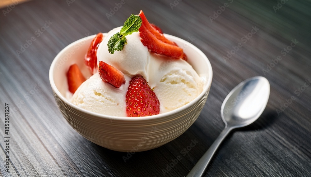 close up of a bowl with vanilla ice cream top with strawberries and spoon which is a delicious dessert close up of a bowl with vanilla ice cream top with strawberries and spoon which is a delicious dessert