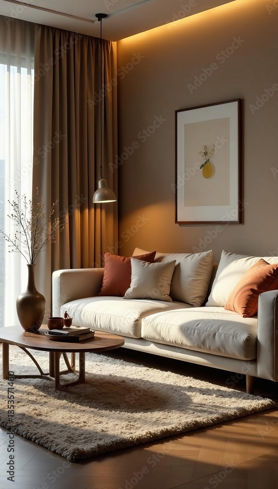 Modern living room with plush sofa, warm rug, and soft lighting, aesthetic, comfortable, relaxation Modern living room with plush sofa, warm rug, and soft lighting, aesthetic, comfortable, relaxation