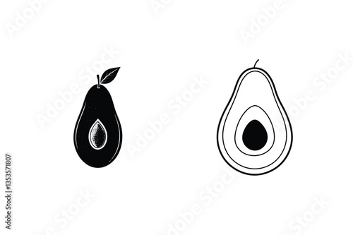 Avocado Icons Whole, Halved, Seed, Leaf, Black, White, Minimalist, Fruit, Design, Illustration