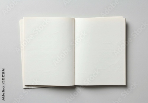 A clean, white, open notebook with a central fold, presented in a flat lay studio shot, ideal for mockup templates and design layouts