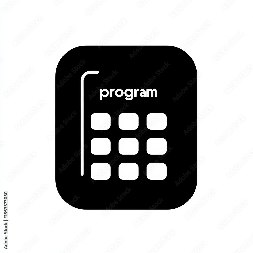 App Icon: Simple Black Application with Rounded Corners Displaying Nine Square Buttons and the Word App Icon: Simple Black Application with Rounded Corners Displaying Nine Square Buttons and the Word