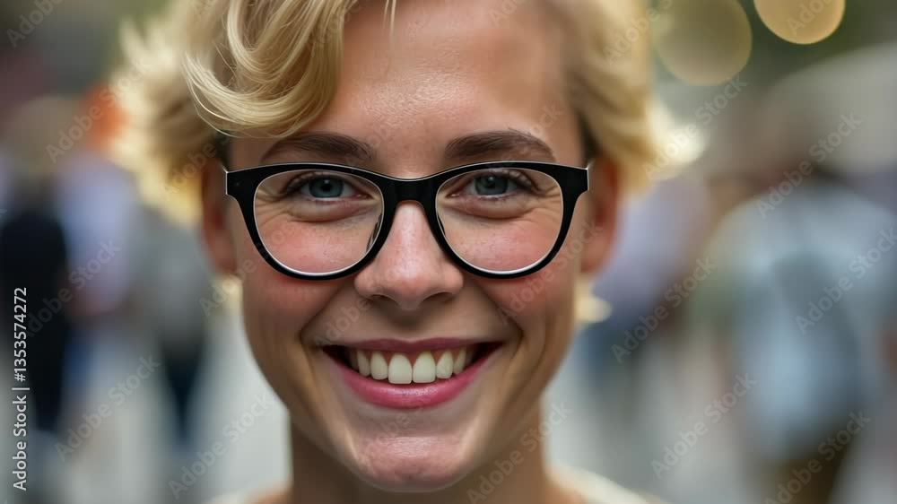 Young woman smiling joyfully in a busy city background Young woman smiling joyfully in a busy city background