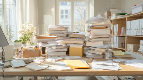 Chaotic desk environment with papers, stationery, and personal belongings creating a disordered work atmosphere