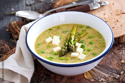 Roasted asparagus and pea soup with feta cheese