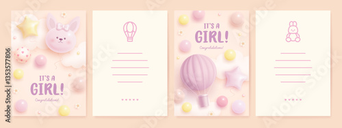 Baby shower invitation design template with 3d cartoon bunny, hot air balloon and cloud. It's a girl. Baby girl greeting birthday card. Baby birth. Vector illustration