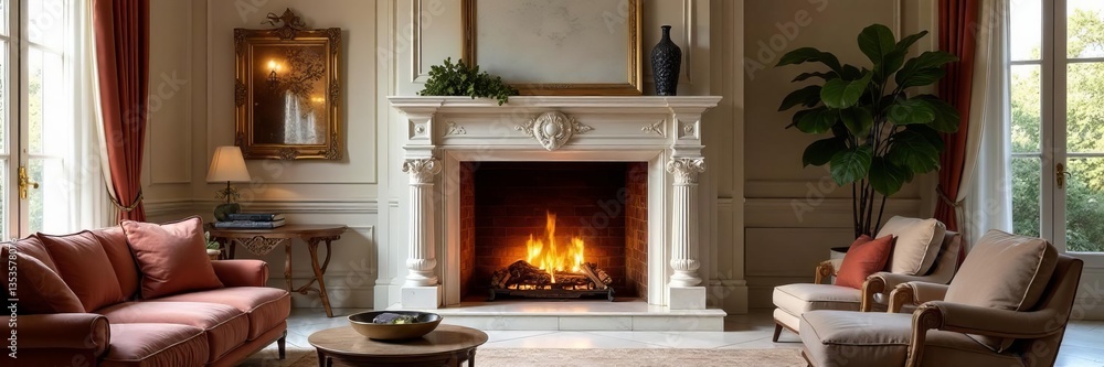 Luxurious marble fireplace with elegant furnishings and ornate decor, elegant, decor, marble Luxurious marble fireplace with elegant furnishings and ornate decor, elegant, decor, marble