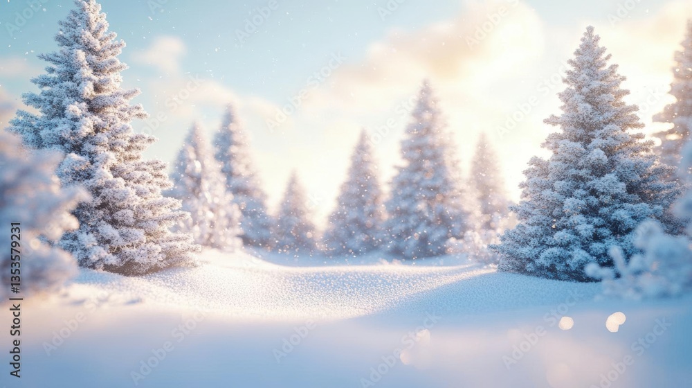 Naklejka premium Snow Falls Gently on Pine Trees in Winter Wonderland. Christmas theme.