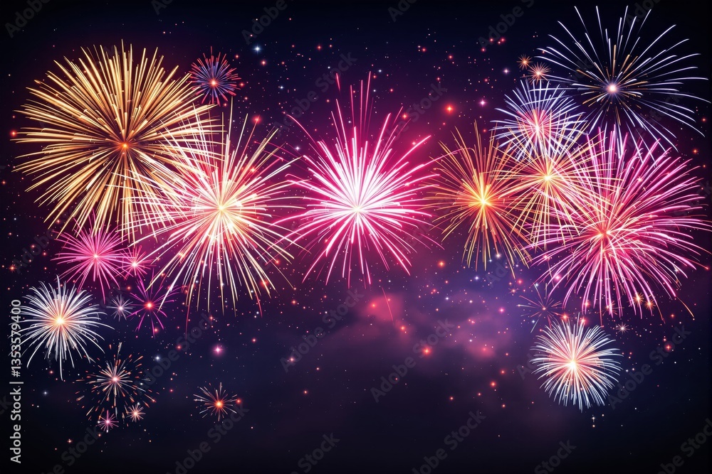 Fototapeta premium Colorful fireworks explosion in night sky with glowing stars.