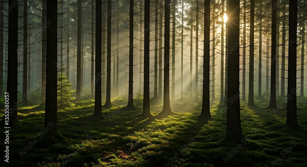 Obraz premium A misty forest with sun rays breaking through the trees.