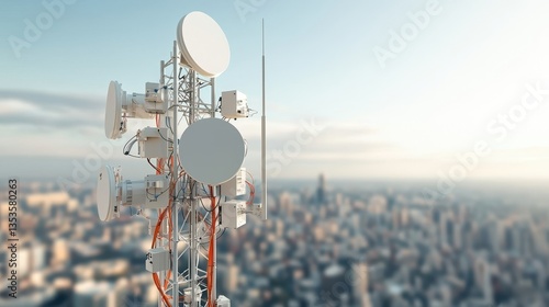 High-tech cell tower with a clear view of a vibrant cityscape stretching out in the background