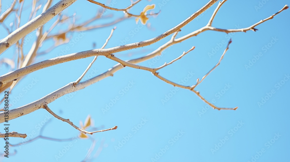 Bare branches against clear blue sky create serene and tranquil atmosphere, evoking sense of calm and simplicity Bare branches against clear blue sky create serene and tranquil atmosphere, evoking sense of calm and simplicity