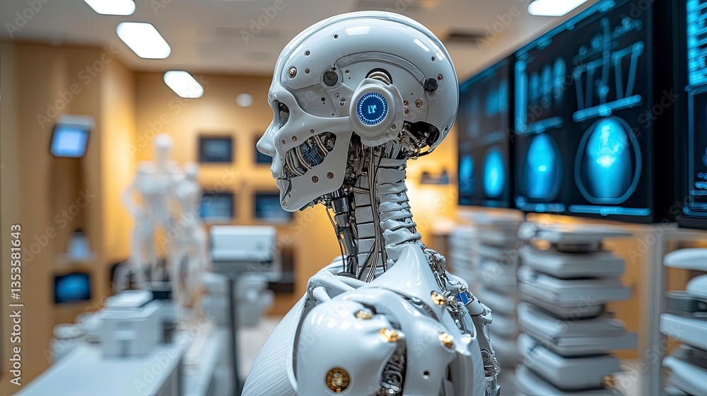 Fototapeta premium Robot performing spinal alignment analysis with 3D scanning technology in physical therapy clinic